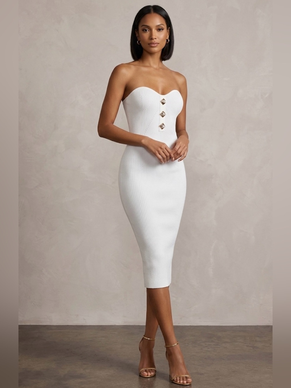 SELF-PORTRAIT

Strapless Embellished Ribbed-Knit Midi Dress